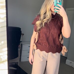 Brown Cable Knit Sweater Vest with Side Ties
